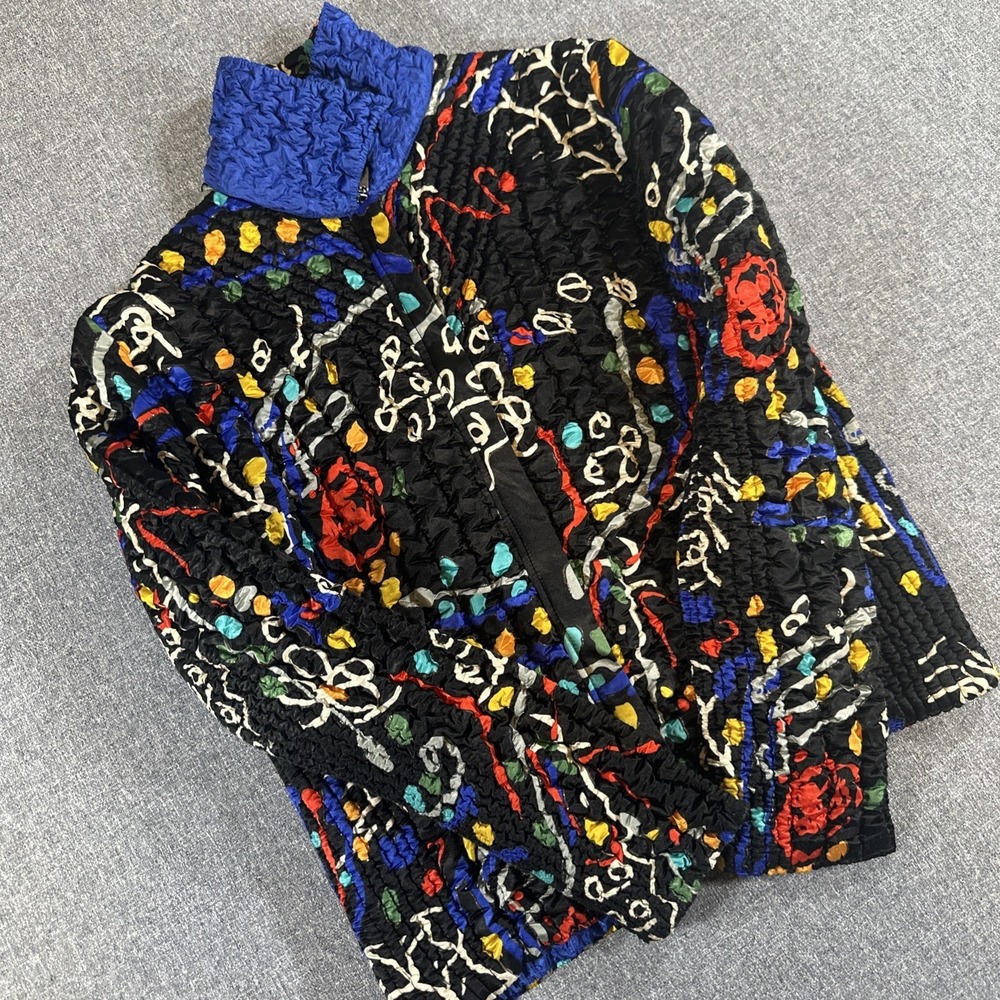 Vintage UBU Crinkle Popcorn Jacket Reversible Blue Abstract Art Womens M